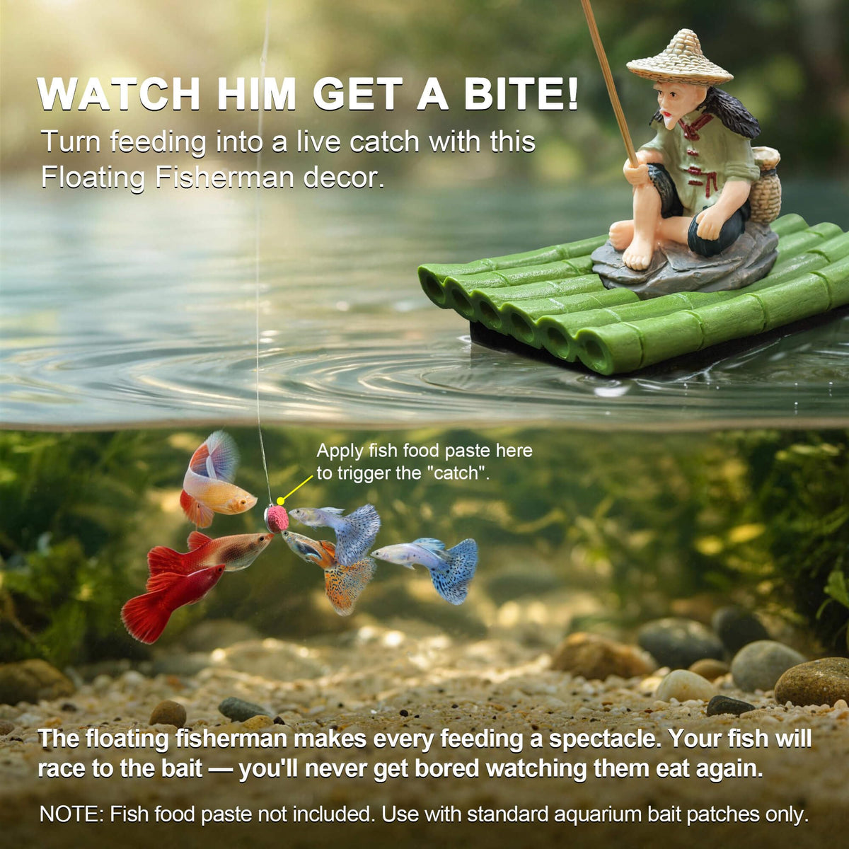 2-in-1 Floating Aquarium Decor, Fisherman Bamboo Raft for Fish Tank (Bamboo Raft (2-in-1))