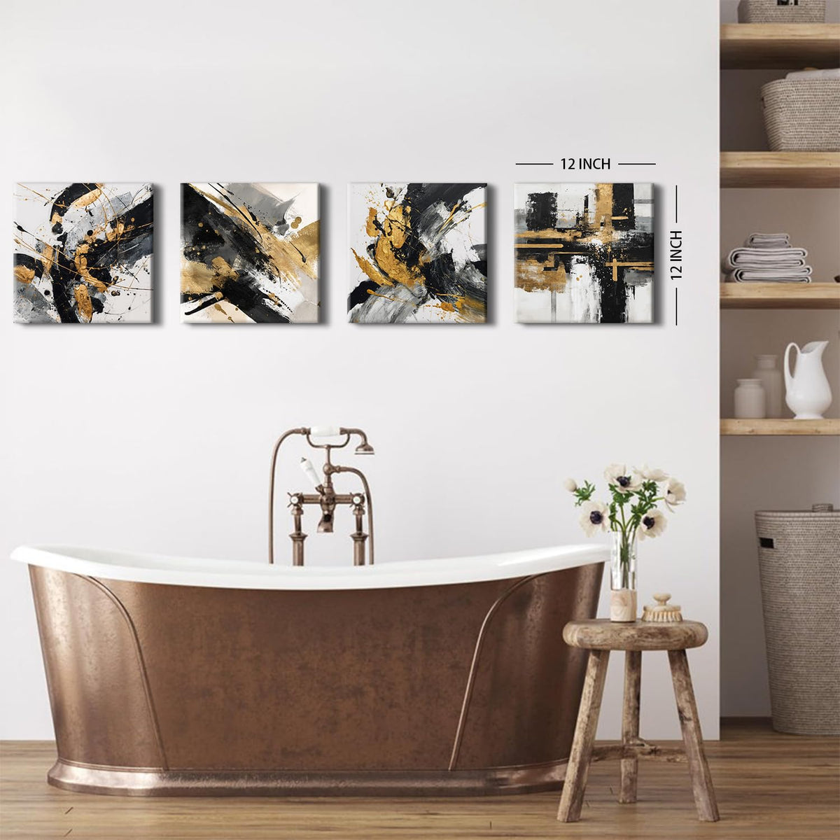 Abstract Black and Gold Wall Art for Bathroom Marble Pictures for Walls Modern Black White and Gold Texture Canvas Prints Painting Neutral Posters Artwork Living Room Home Decorations 12x12” 4Pcs (12"L x 12"W / Abstract)