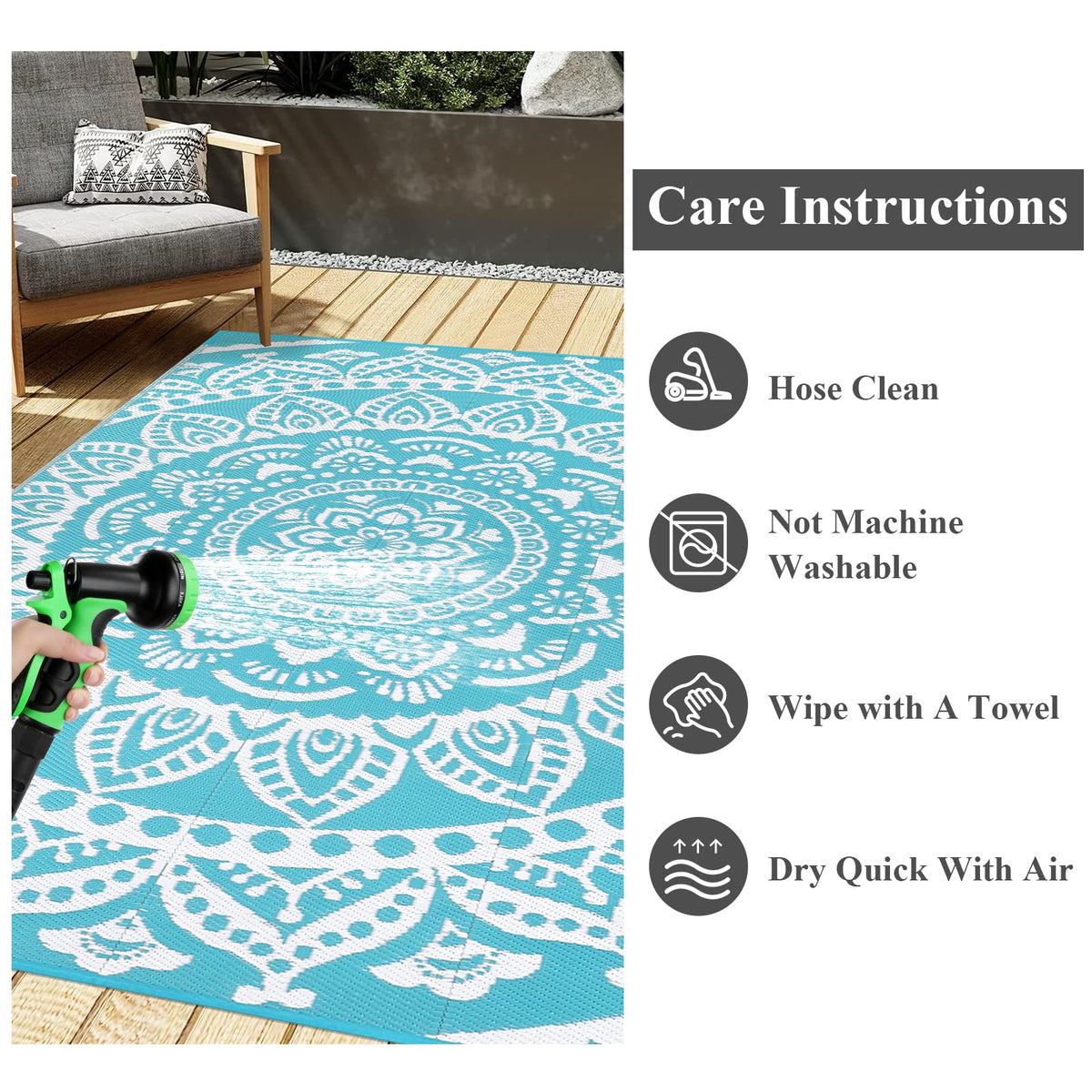 Waterproof Outdoor Rug 6'x9' Reversible Boho Plastic Straw Patio Deck Camping Rugs (Flower Teal / 6' x 9')