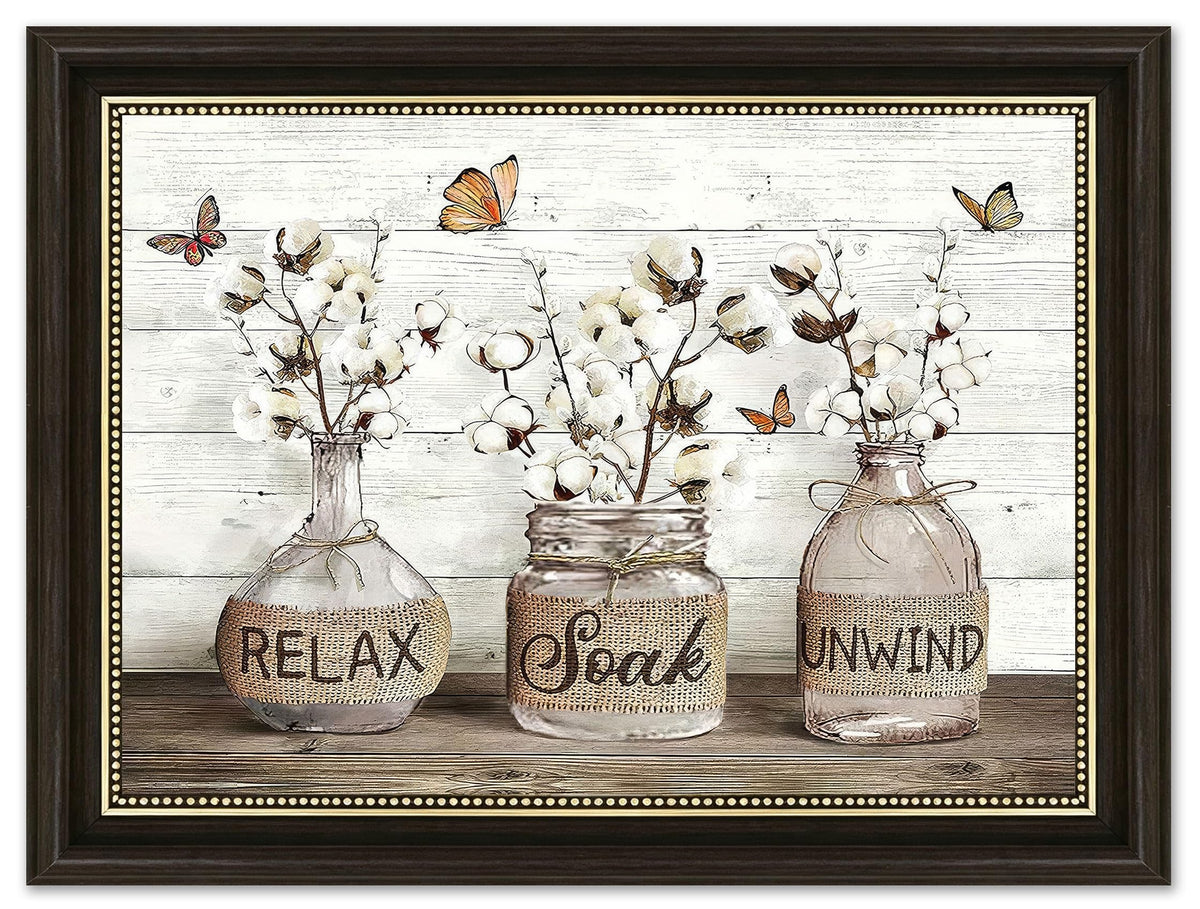 Dark Brown Framed Farmhouse Bathroom Canvas Wall Art Rustic Cotton Butterfly in Bottles Poster Artwork Country Relax Soak Unwind Sign Painting Picture Wall Decor for Bathroom Home Decoration 9x11in (Bathroom Mason Jar / 11"L x 9"W)
