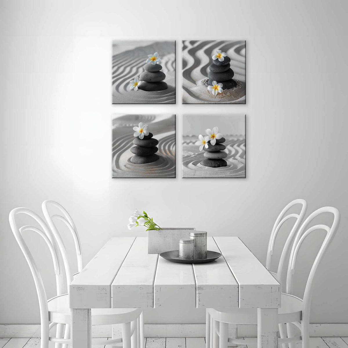 4 Piece Frangipani Flowers Wall Art Zen Pebble Stone and Sand Giclee Print Framed Artwork Zen Canvas Prints Calm Peaceful Still Life Floral Picture Modern Meditation Spa Room Wall Decor (12X12inchX4 / Frangipani)