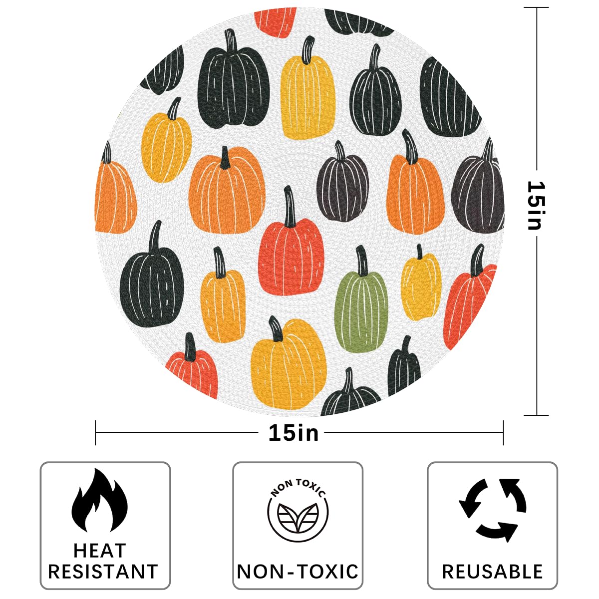 Thanksgiving Cartoon Pumpkin Round Placemats Set of 4 Woven 15 Inch (B 005 / 4 pieces)