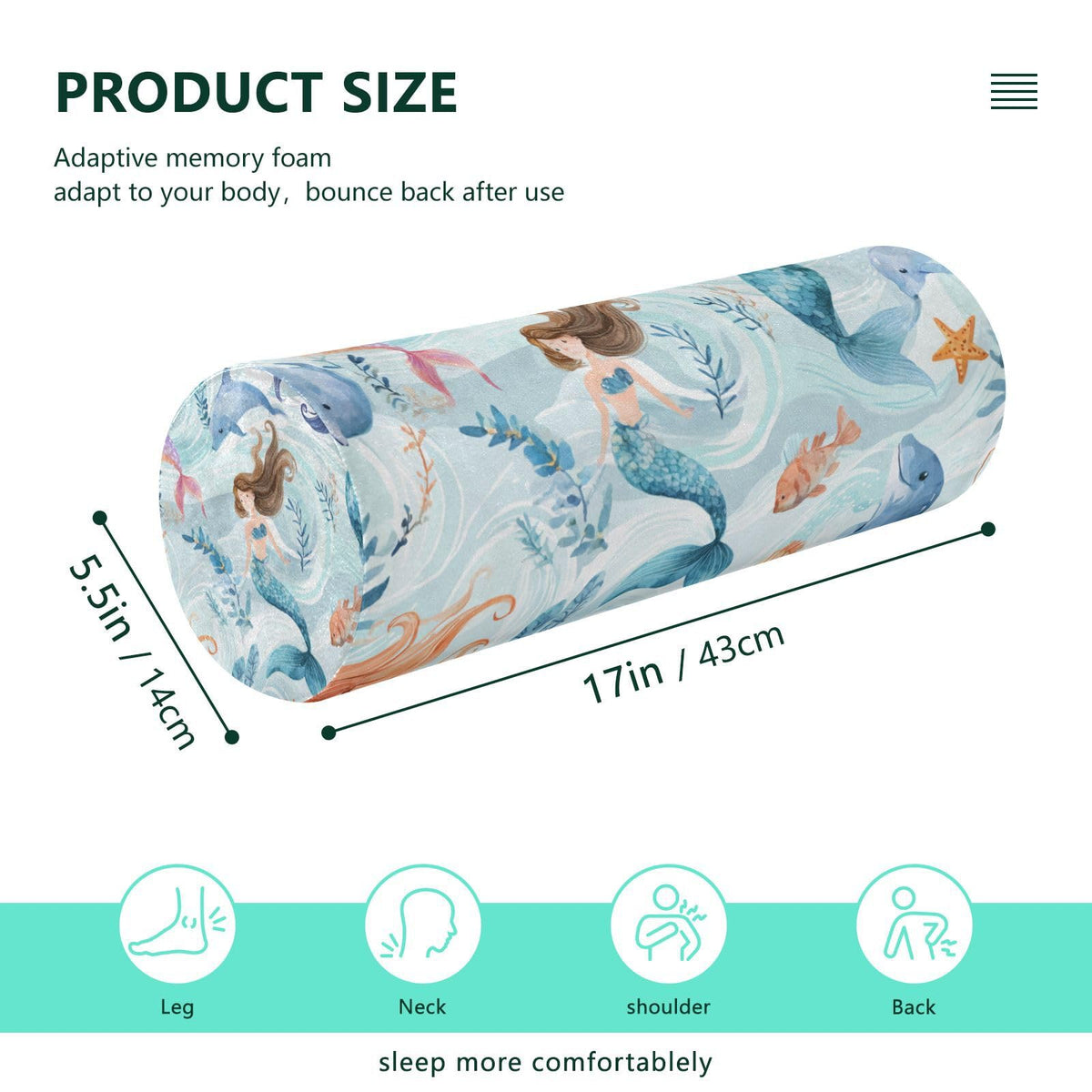 Watercolor Mermaid Dolphin Blue Neck Roll Pillow Bolster Round Health Memory Foam Long Cervical Cylinder Pillows with Removable Washable Cover for Body Bed Legs Back Yoga (Watercolor Mermaid Dolphin Blue)