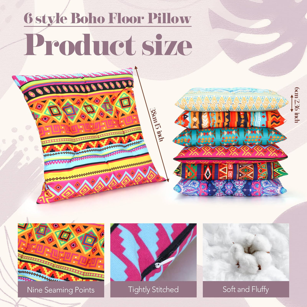 6 Pcs Bohemian Floor Pillows 15 Inch (Stylish)