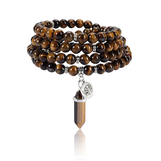 108 Mala Beads Bracelet 8mm Natural Tiger Eye Healing Crystal Stone Mala Prayer Bead Necklace Hexagonal Prism Gemstone Reiki Pointed Pendant for Yoga Meditation Energy Balancing (Tiger Eye Crystal)