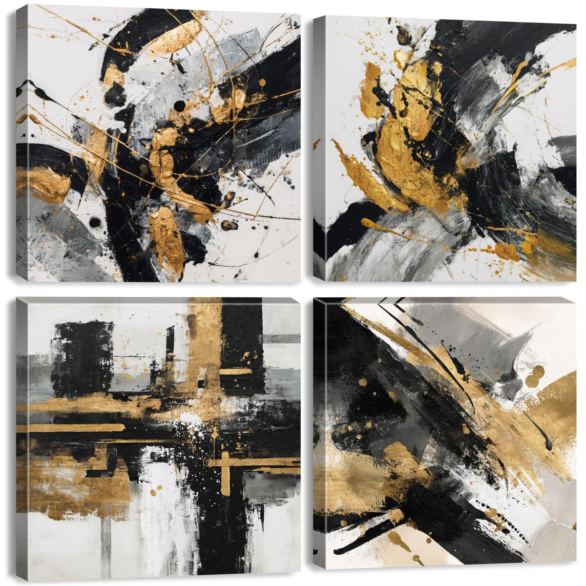 Abstract Black and Gold Wall Art for Bathroom Marble Pictures for Walls Modern Black White and Gold Texture Canvas Prints Painting Neutral Posters Artwork Living Room Home Decorations 12x12” 4Pcs (12"L x 12"W / Abstract)