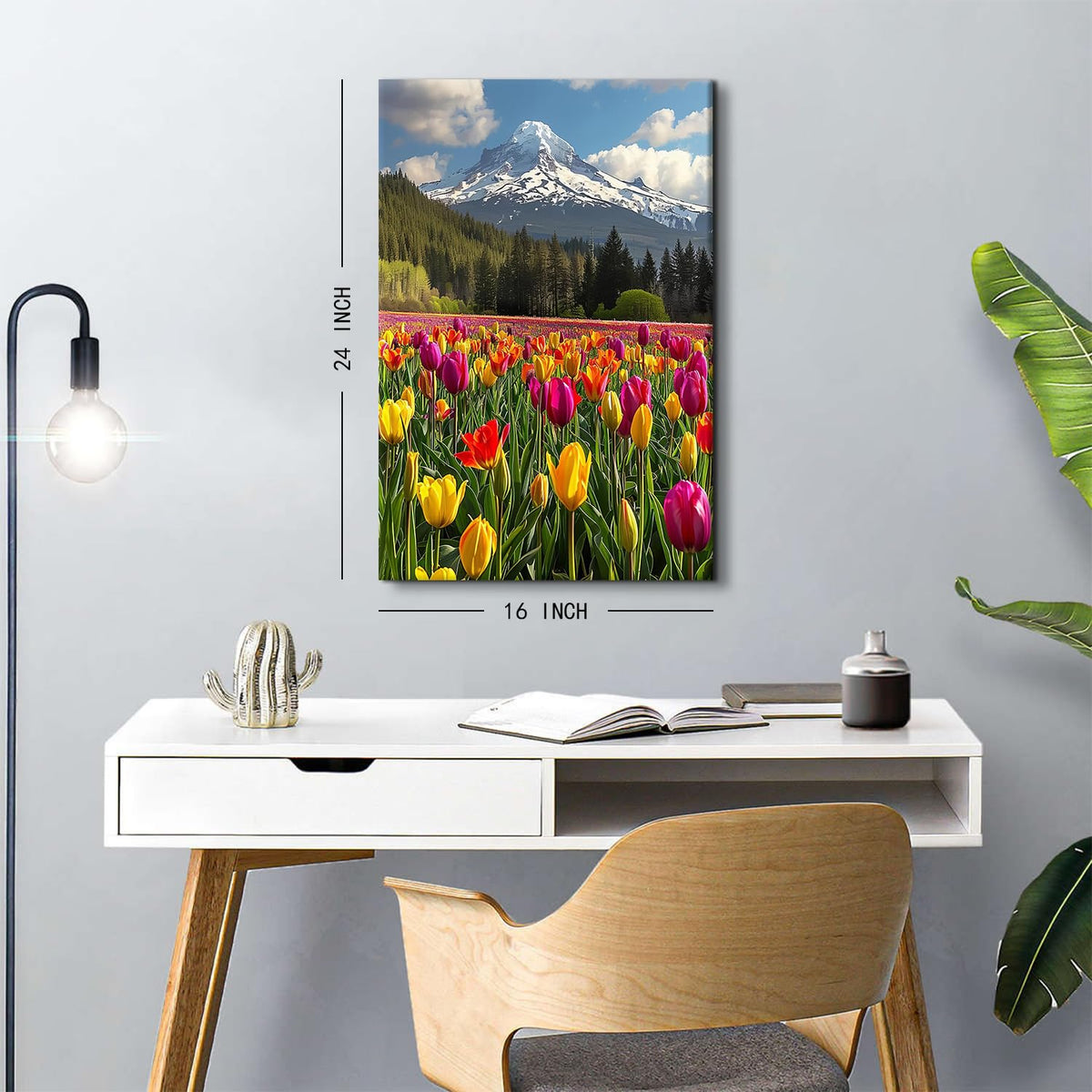 Yellow Tulips Flower Wall Art Mountain Landscape Wall Decor Colorful Flowers Field Canvas Prints Nature Forest Pictures Mt Hood Mountains Scenic Artwork for Office Bedroom Home Decoration 16x24" (24"L x 16"W / YellowTulips)
