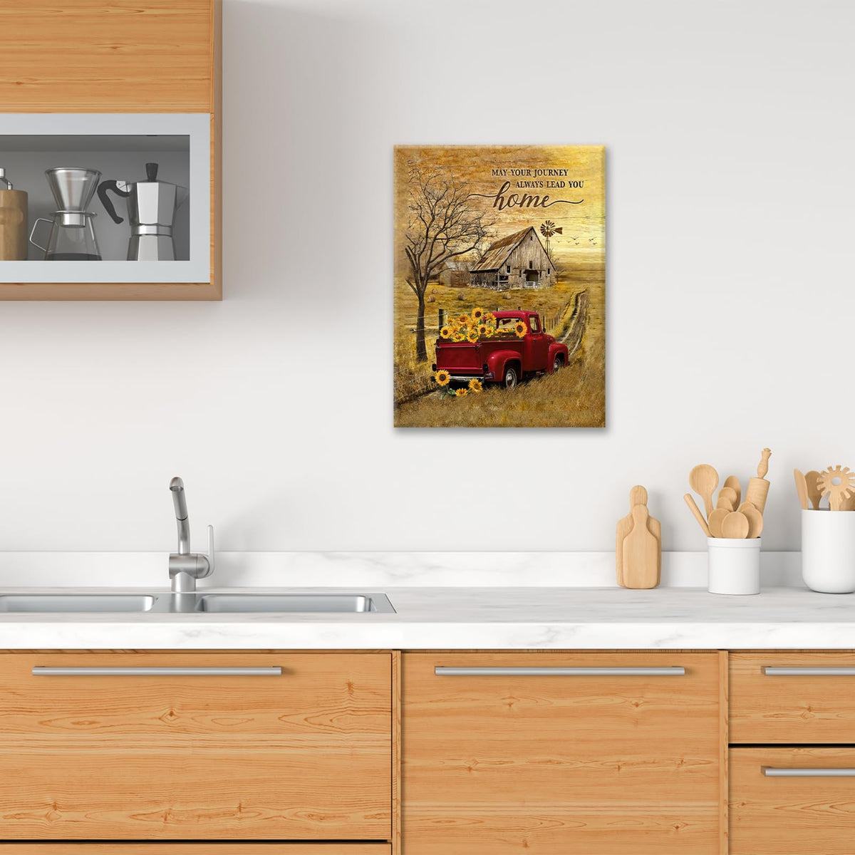 Farmhouse Red Truck Wall Art Rustic Truck Sunflower Pictures Decor Country Old Barn Windmill Painting Canvas Prints Home Framed Artwork Decoration for Kitchen Bathroom Bedroom Living Room 20"x24" (20L" x 24W" / Red Truck Sunflower)