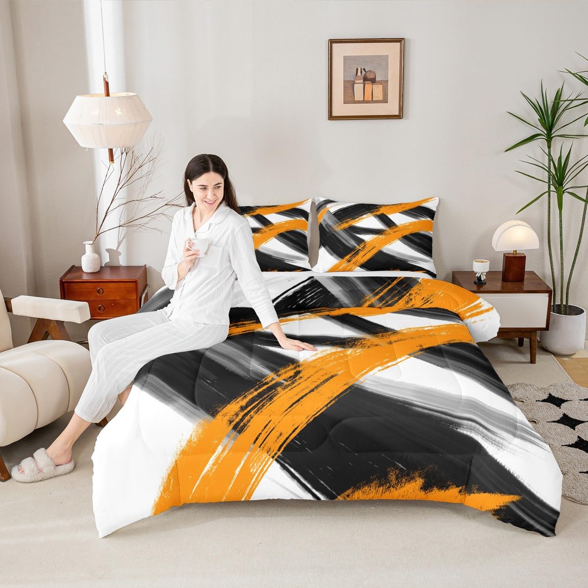 Black Orange Comforter Set Queen Size Abstract Geometric Bedding Set for Boys Girls Modern Minimalist Duvet Quilt Room Decor Breathable Soft Microfiber All Season 3Pcs with 2 Pillow Cases (Multi 45685 / Queen)