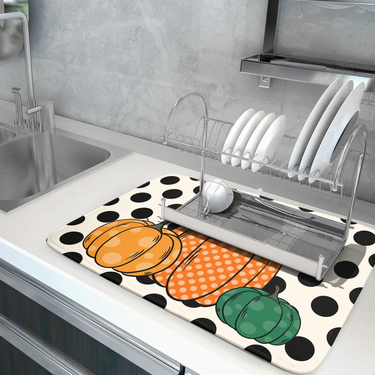 Autumn Pumpkin Dish Drying Mat for Kitchen Counter (Pumpkin and Black Dot230807 / 18" x 24")