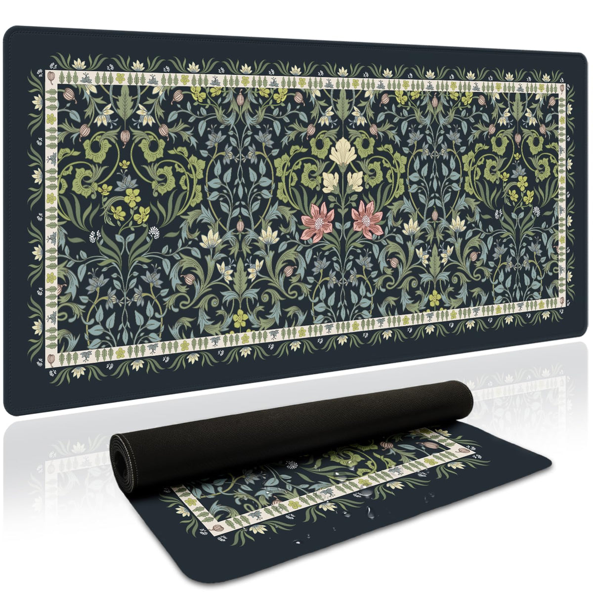 William Morris Inspired Desk Mat (Black & Green / 35.4" x 15.7")