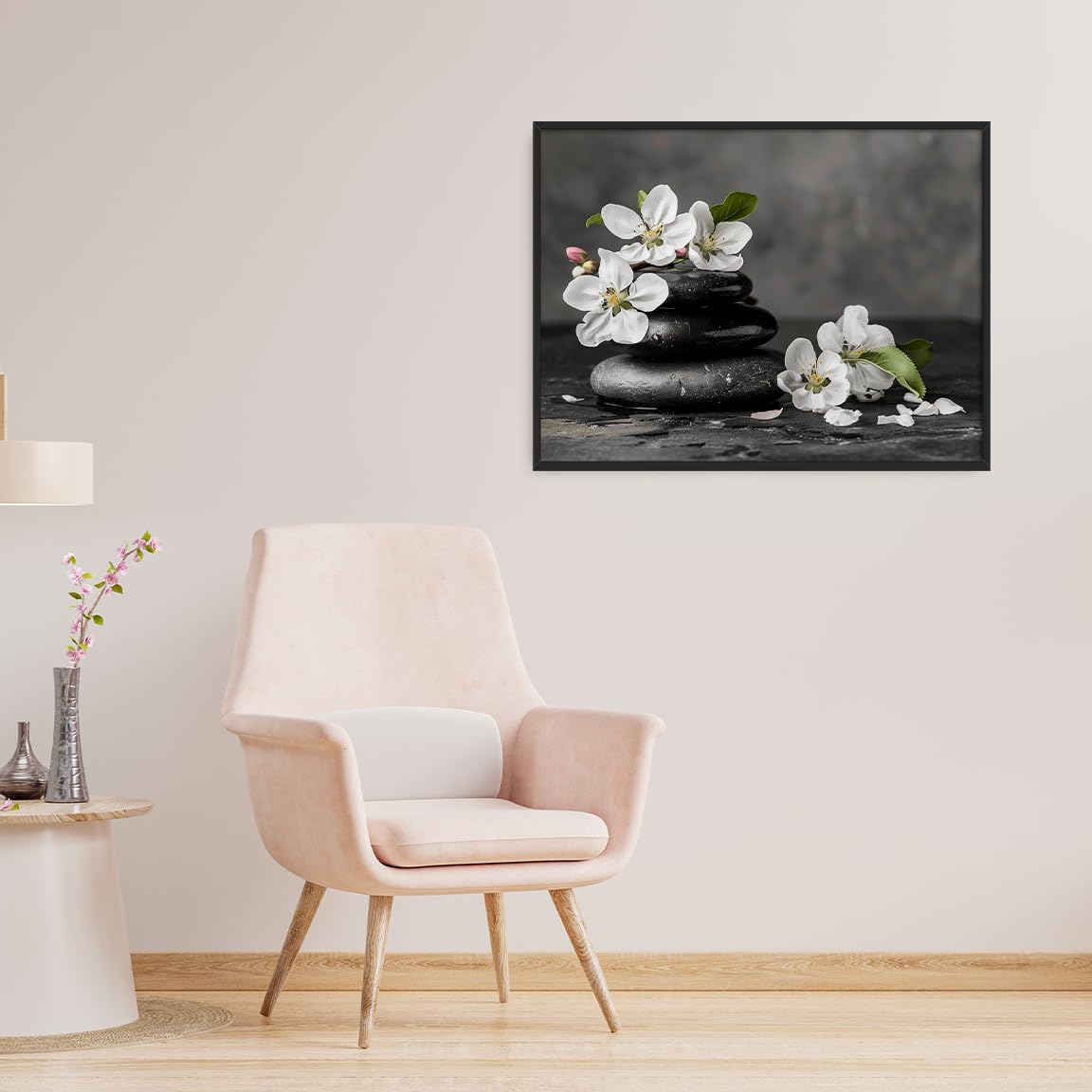 Zen Black Stones and White Flowers Wall Art (Black Aluminum Frame-9 / 20"L x 30"W)