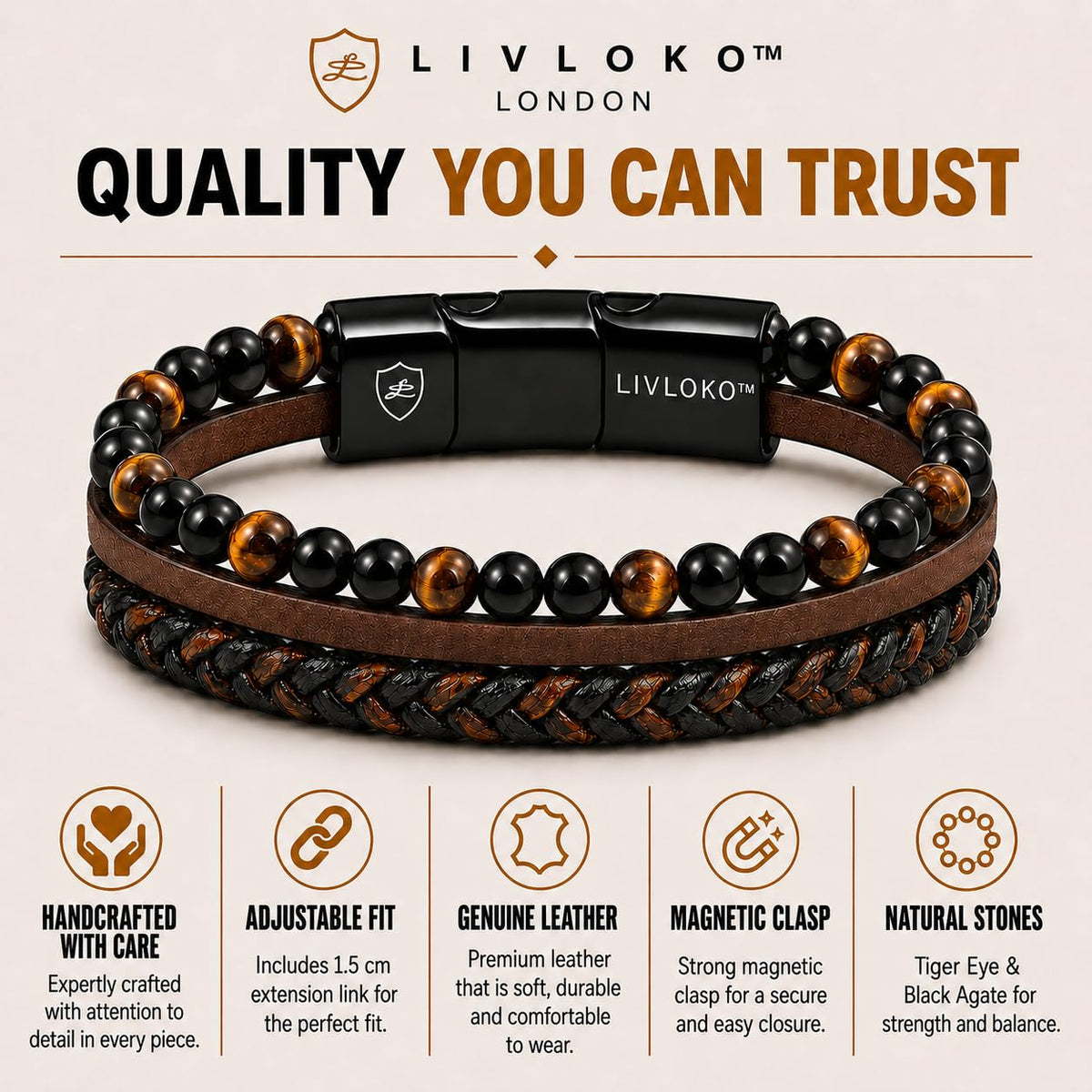 Mens Bracelet Leather Black Multi (B. Black Brown Tiger-Eye Adjustable / 8 IN (Fits Most Men))