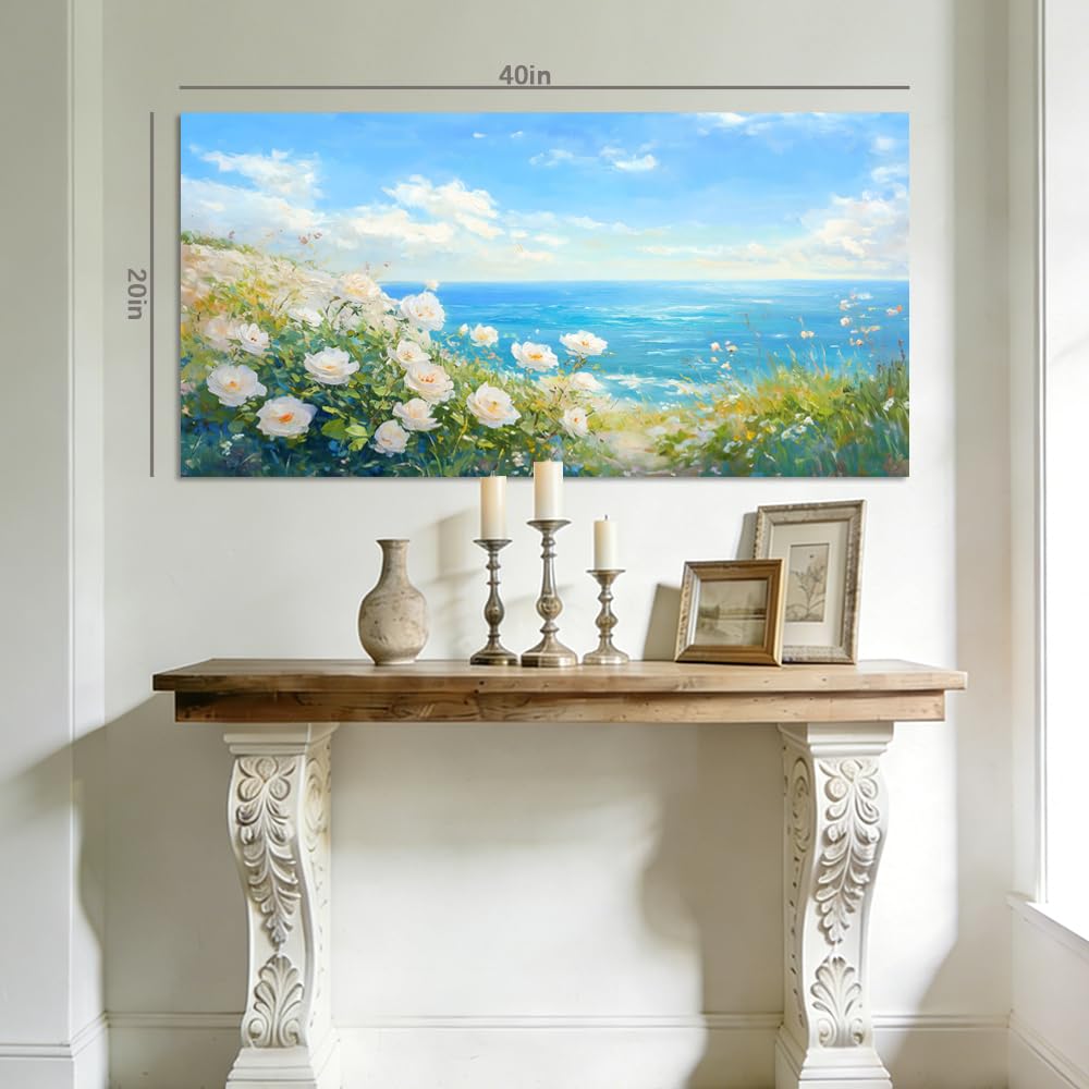 White Roses Floral Beach Canvas Wall Art Coastal Ocean View Painting Flat Print Gallery Wrapped Spring Seascape Artwork for Living Room Bedroom Bathroom Decor (Coastal / White White Roses Sea 7 / 58"L x 28"W)