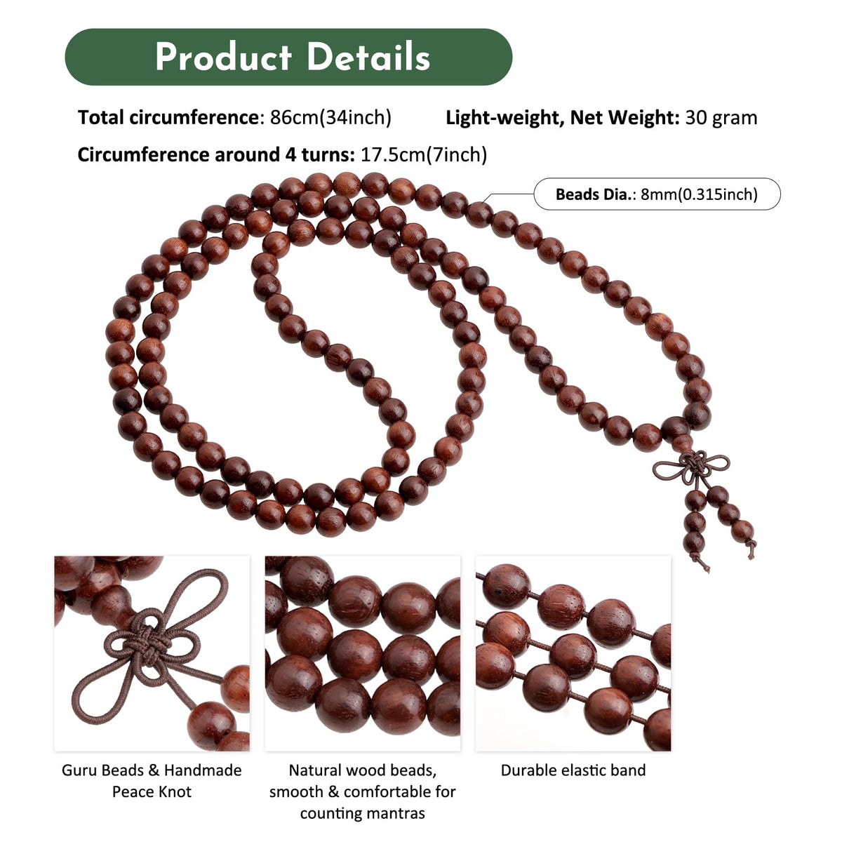8mm Blood Sandalwood 108 Tibetan Buddhist Prayer Beads Mala Bracelet