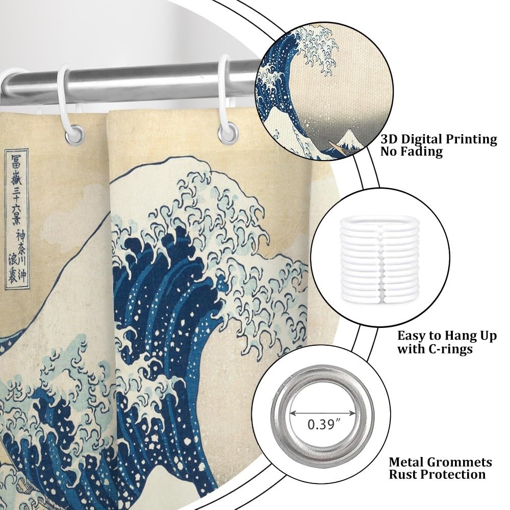 Traditional Japanese Painting Shower Curtain Japanese Sea Waves Bathroom Curtain Abstract Ocean Wave Wooden Boat Shower Curtains Washable Waterproof Fabric Bathroom Decoration 72x84 Inch (72"W x 84"L (Pack of 1) / Blue-48)