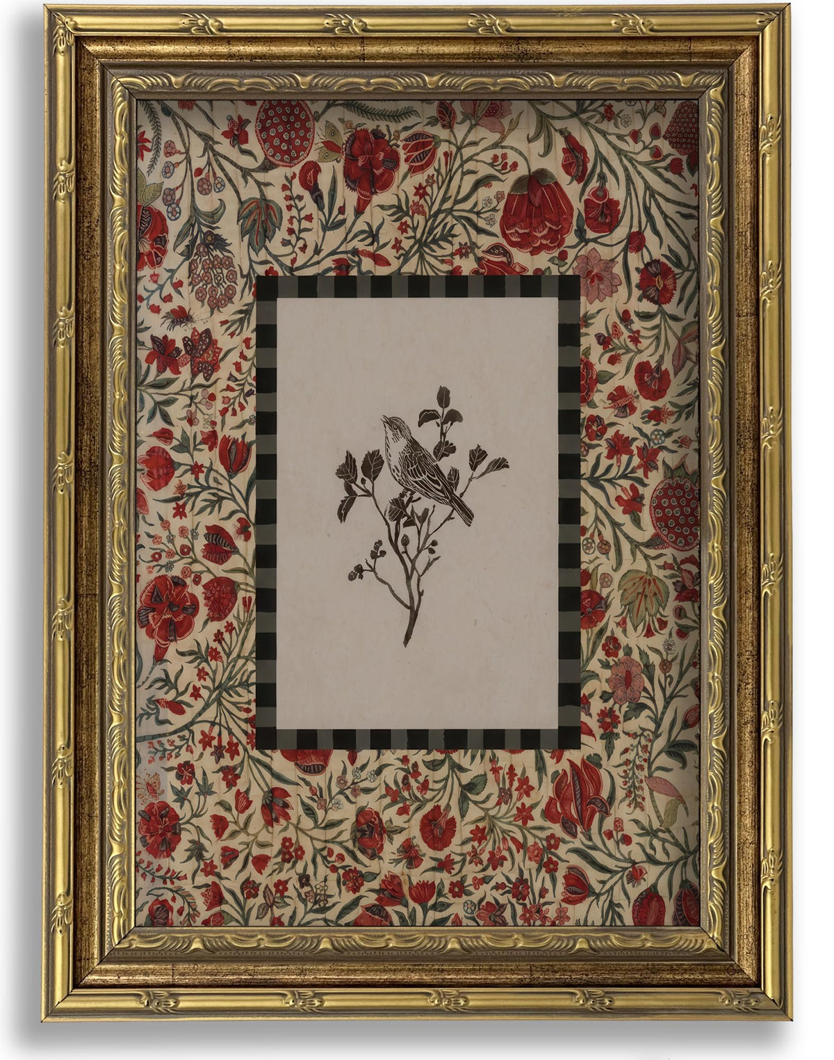 Vintage Gold Framed Bird Canvas Wall Art (Red Flower Bird / 16"L x 12"W)