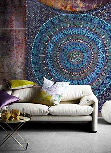 Tapestry Queen Hippie Mandala Bohemian Psychedelic Intricate Floral Design Indian Bedspread Magical Thinking Wall Hanging 84x90 Inches (90"L x 84"W / Neavy blue tarquish)