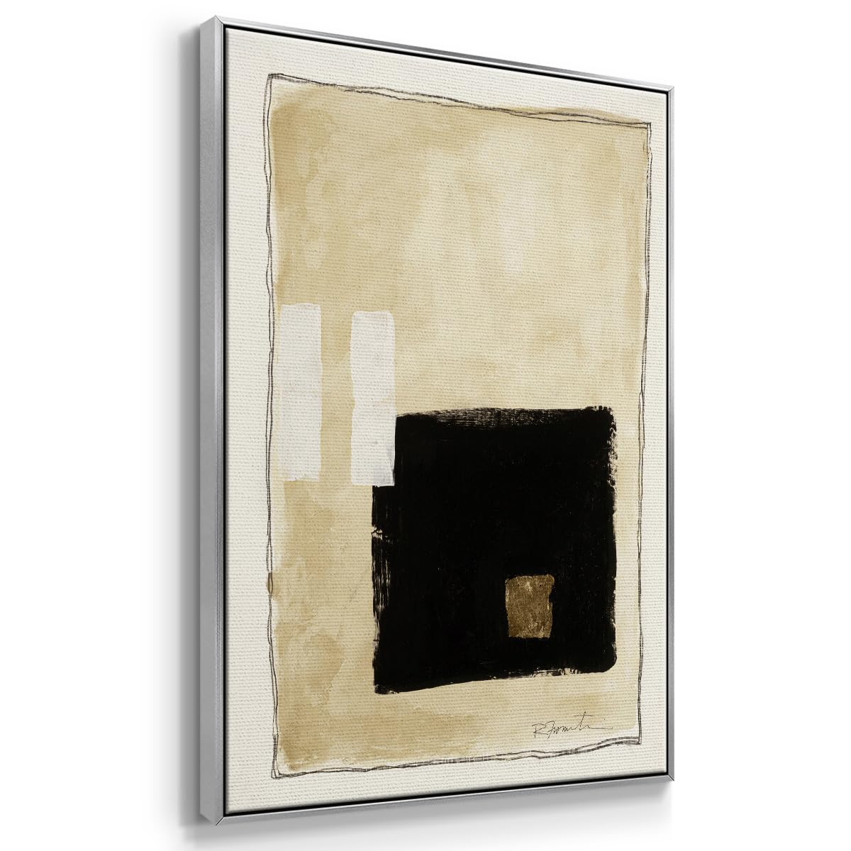 Abstract Wall Art for Home Decor Black Golden Geometric Square Patterns Canvas Silver Floater Frame Paintings for Bedroom Office Kitchen Walls (37"L x 25"W / Inner Musing I)
