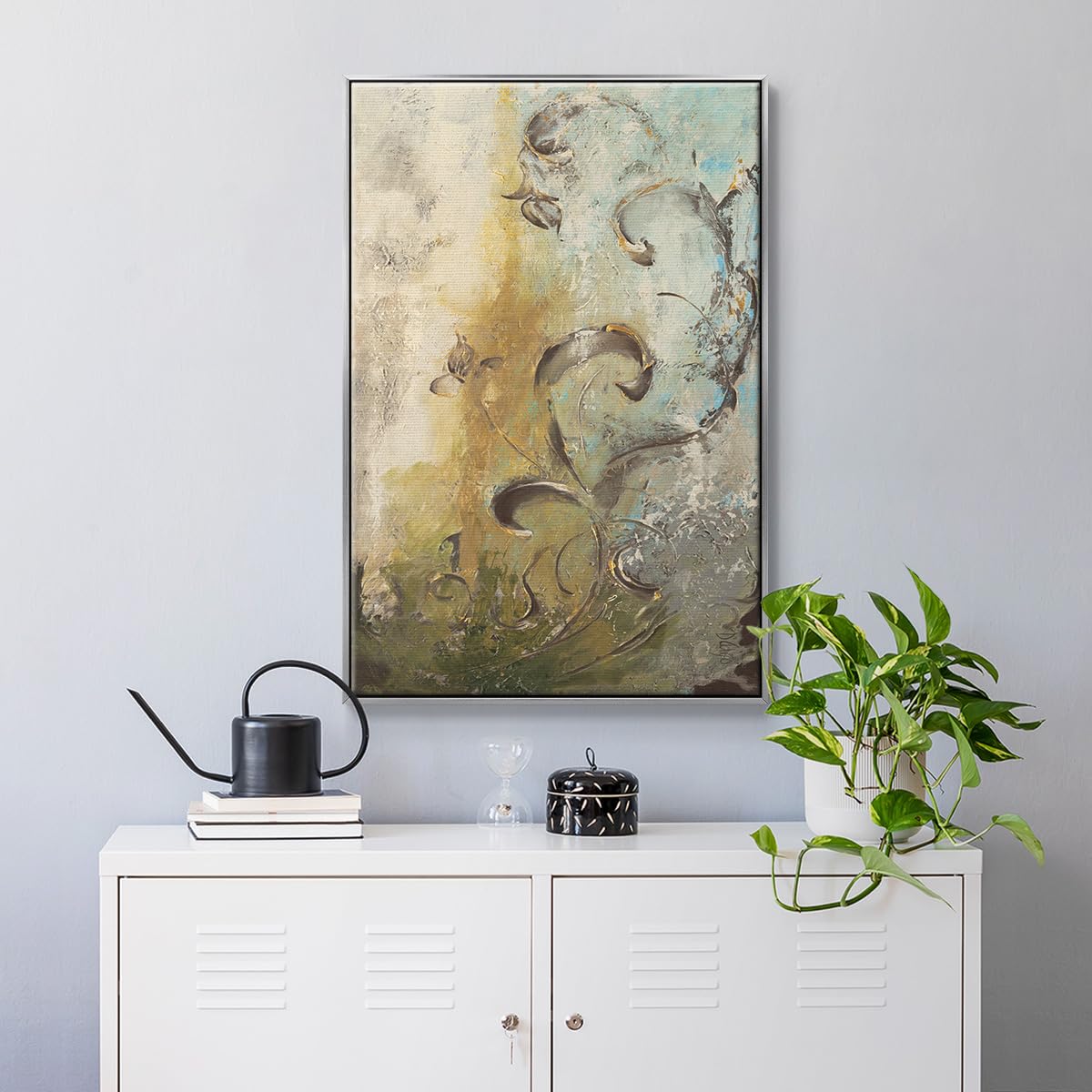 Nature Wall Art Silver Floating Frame Paintings Modern Enchanted Garden Foliage Abstract Hanging Artwork Home Prints for Bedroom Office Kitchen (41"L x 27"W / Enchanted Garden I)