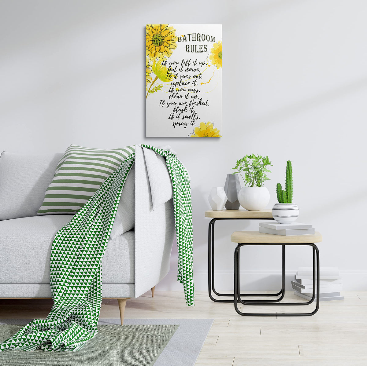 Framed Bathroom Rules Wall Art Yellow Flower Canvas Farm Decor 12x16 Inches (Bathroom Rules / 16"L x 12"W)