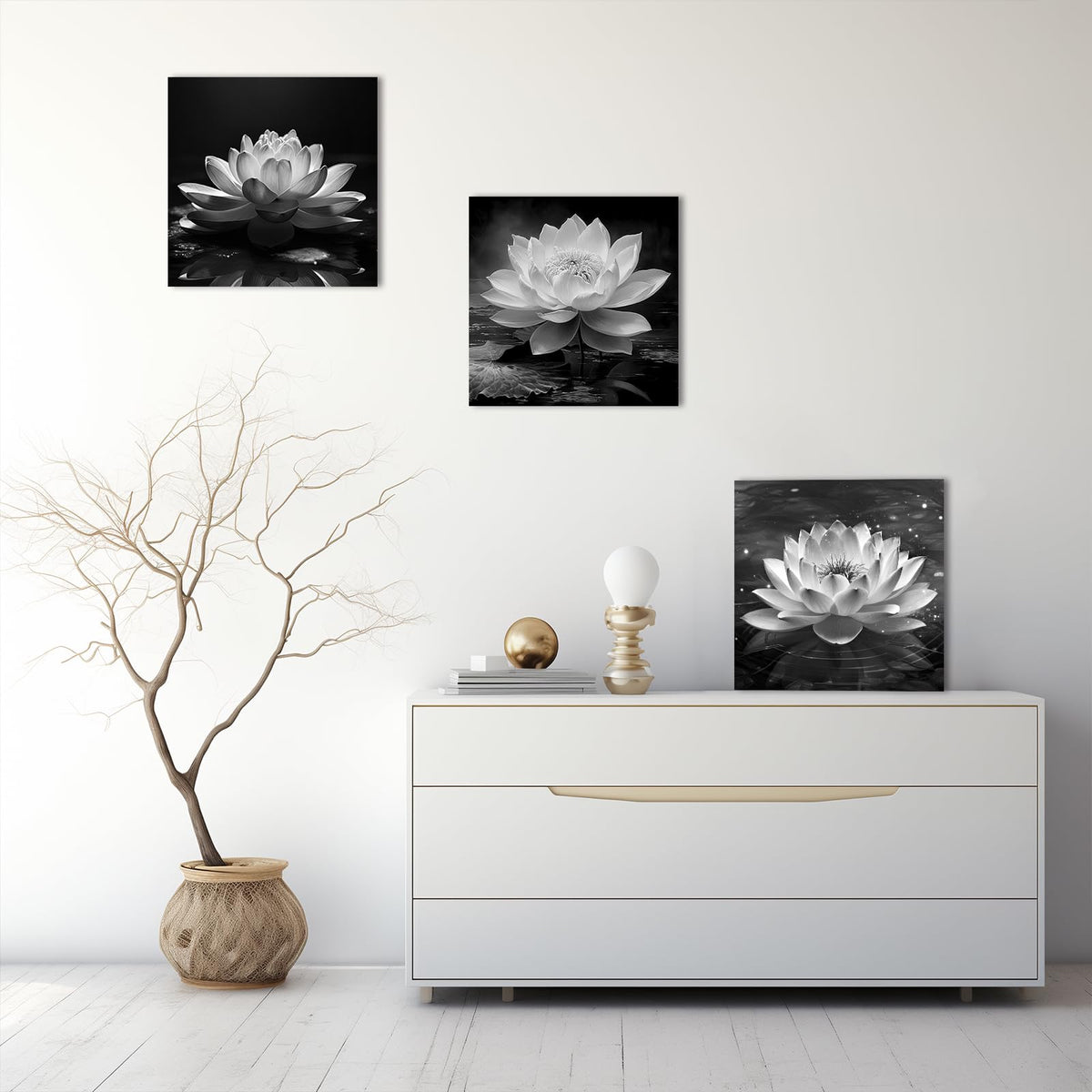 Black White Zen Canvas Wall Art Blossom Lotus Picture Water Lily Prints Spiritual Artwork for Bathroom Meditation Yoga Spa Room Decor (Picture-1 / 12"L x 12"W)