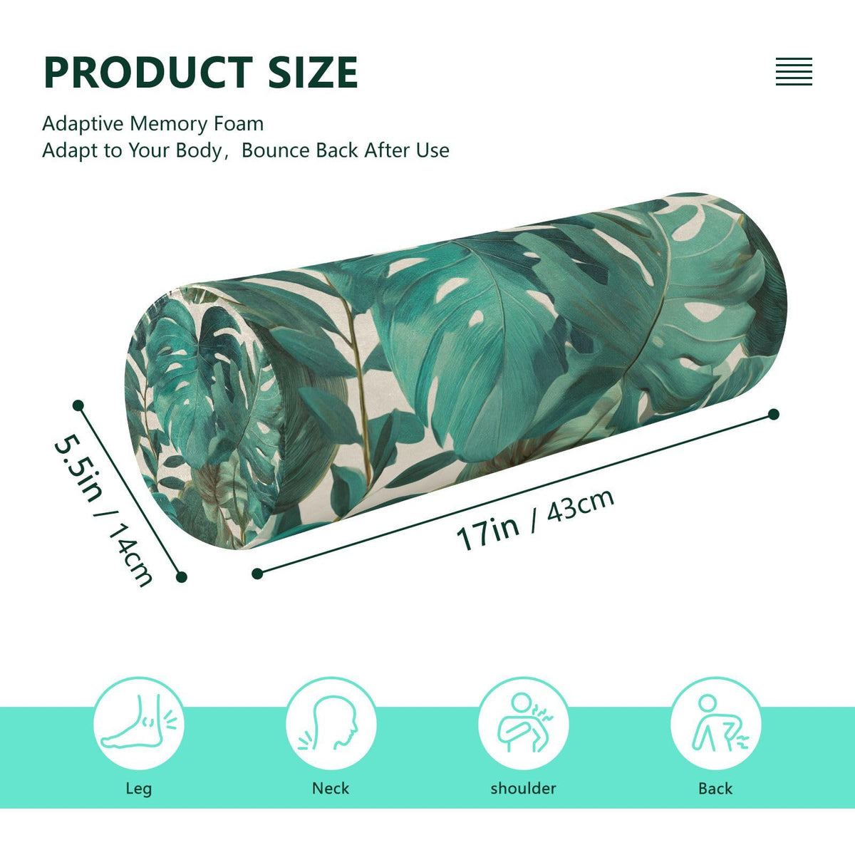 Neck Roll Pillow Bolster Pillows Round Health Memory Foam Long Cervical Cylinder Bolsters Body Removable Washable Cover Bed Legs Back Yoga Palm Leaves Tropical Green (Palm 25)