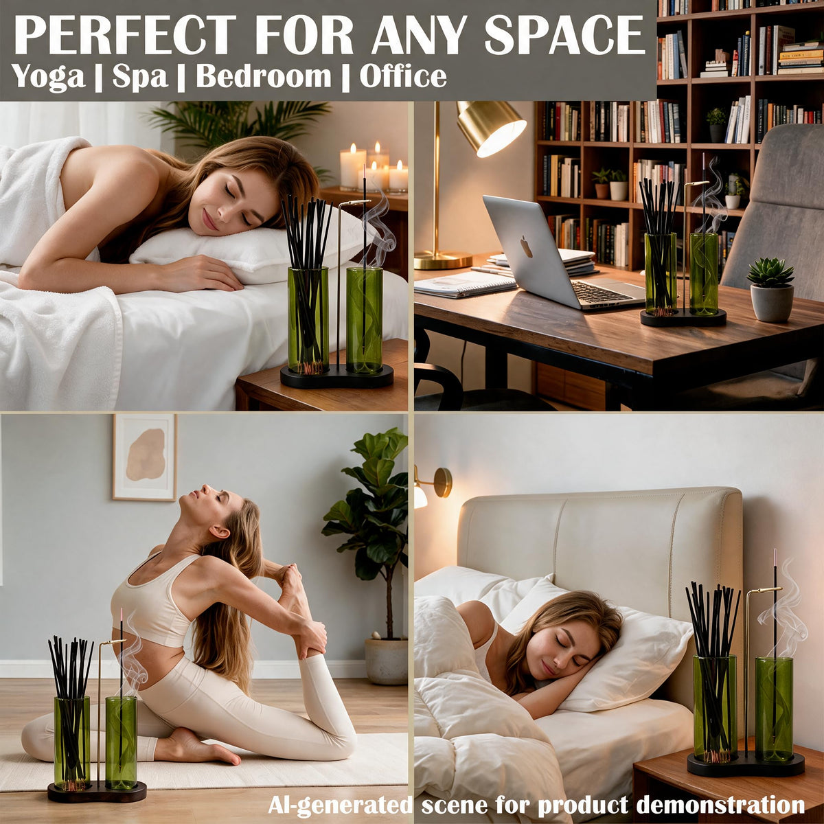 Incense Holder for Sticks Upside Down Hanging Incense Burner with Removable Glass Ash Catcher and Wooden Base (Green)