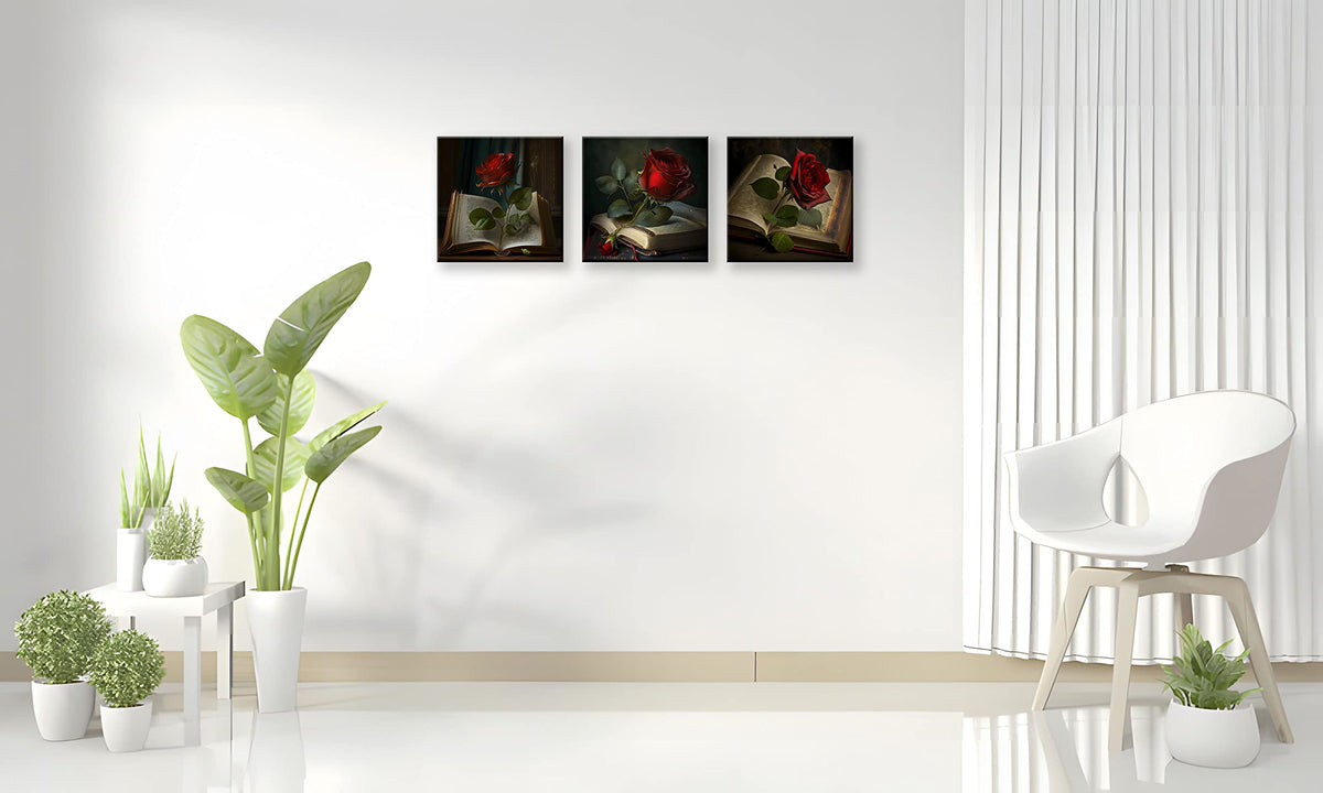 Vintage Red Wall Decor for Living Room Green Leaf Retro Wall Art Red Rose on Books Pictures Bedroom Decor Kitchen Home Decorations 16x16 3 Pcs (16 x 16 inches (3-Piece Set) / Vintage Rose)