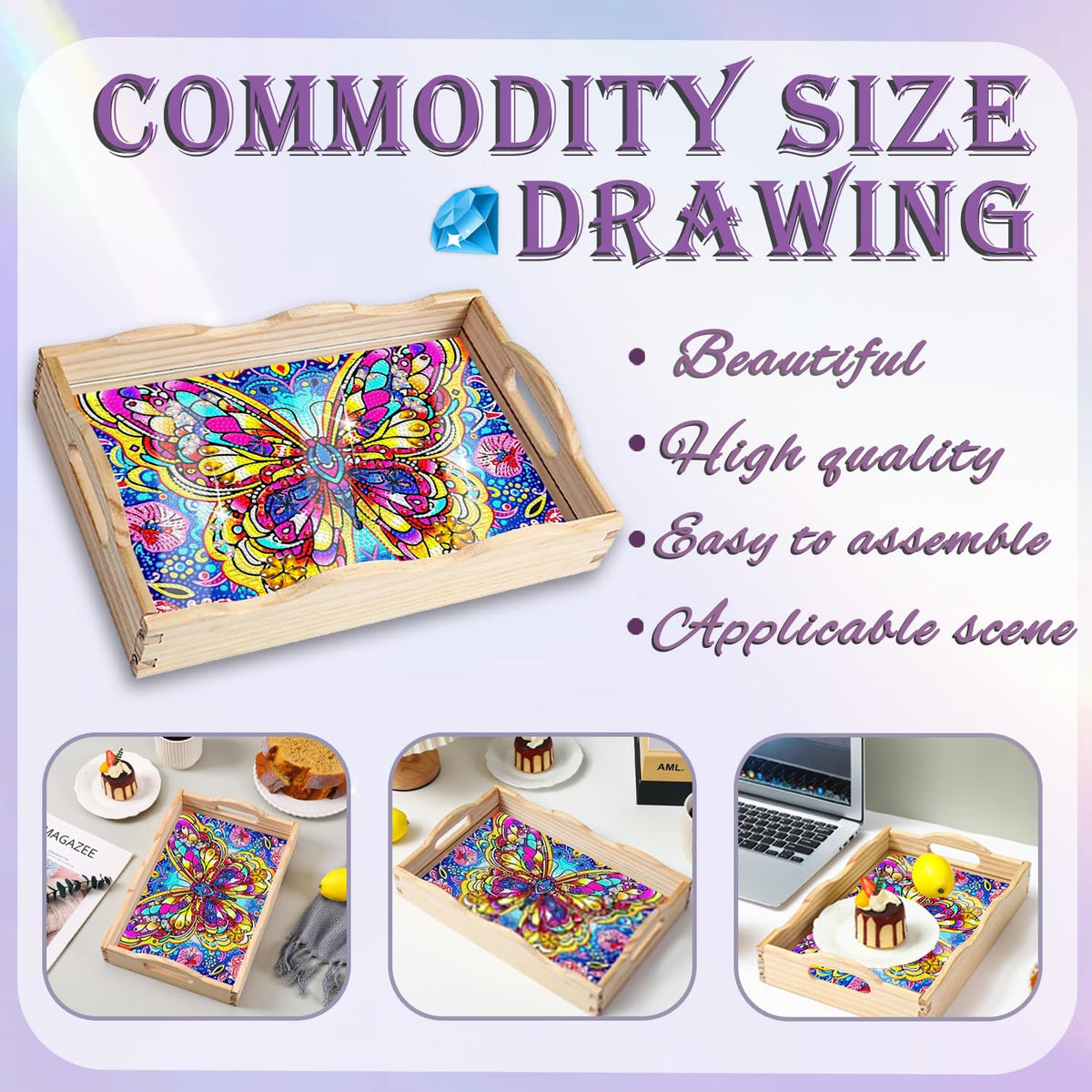Diamond Art Kits for Adults Wooden Serving Trays with Handles (E Butterfly AA)