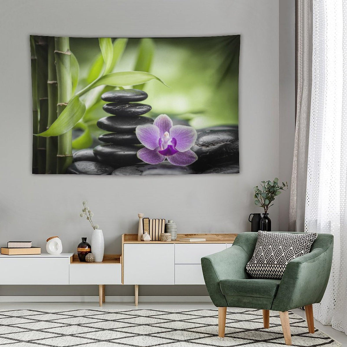 Zen Tapestry Wall Hanging Bamboo Leaves Spa Garden Purple Floral Stones Lotus Flower Japanese Relaxation Meditation Tapestries Home Decor for Living Room Bedroom Kitchen 40"x60" (40"L x 60"W / Zen-10)