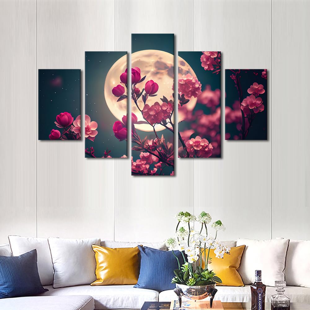 Canvas Wall Art Premium Fairy Tale Enchanted Woods With Giant Moon Night Sky Printed Artwork Contemporary Housewarming Gift For Home Office Decor Ready To Hang 60"Wx40"H‌ (60''Wx40''H / Artwork-01)