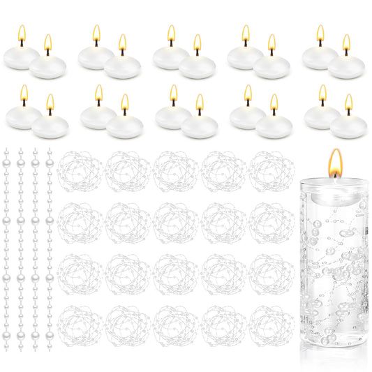 40 Pcs White Floating Candles with Pearl Strings for Wedding (White)