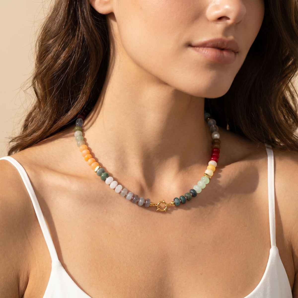 Colorful Natural Stone Beaded Choker Necklace for Women (Colorful)
