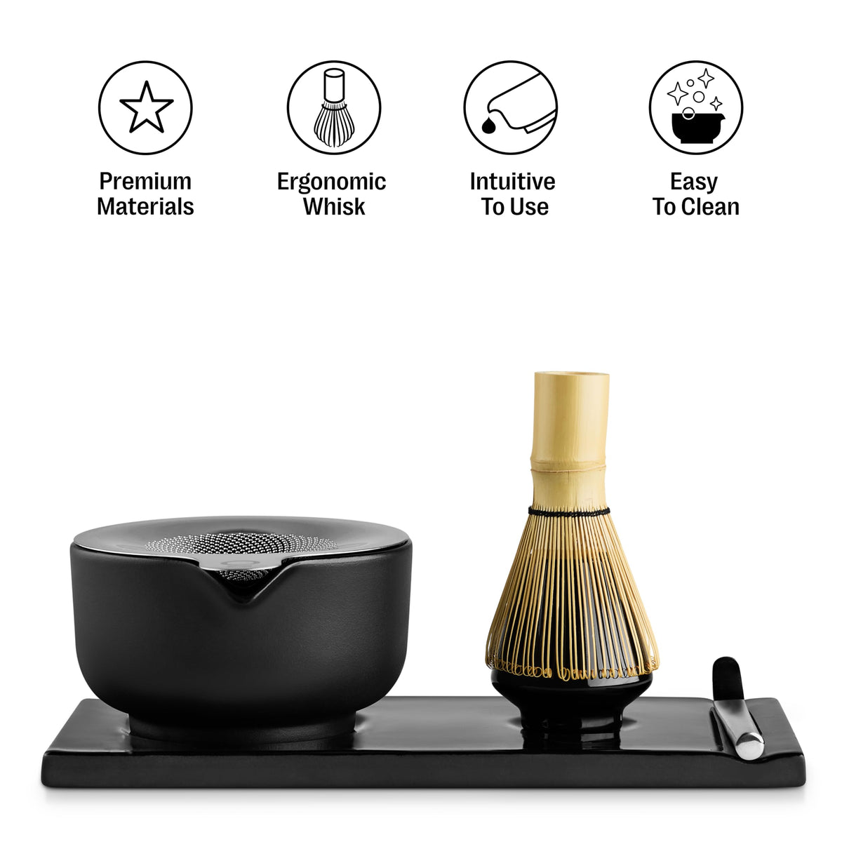 Matcha Set, 6-Piece Ceramic Matcha Bowl Kit with Display Tray (Matte Black)