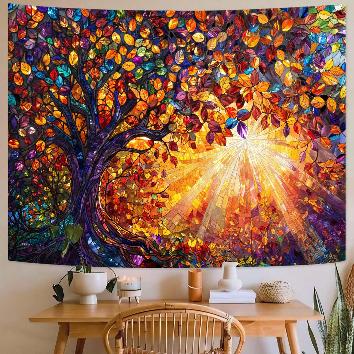 Tree of Life Tapestry Stained Glass Tapestry Wall Decor Tapestries for Bedroom Art Tapestries Wall Hanging for Bedroom Living Room Glass (90"L x 70"W / Colorful Orange)
