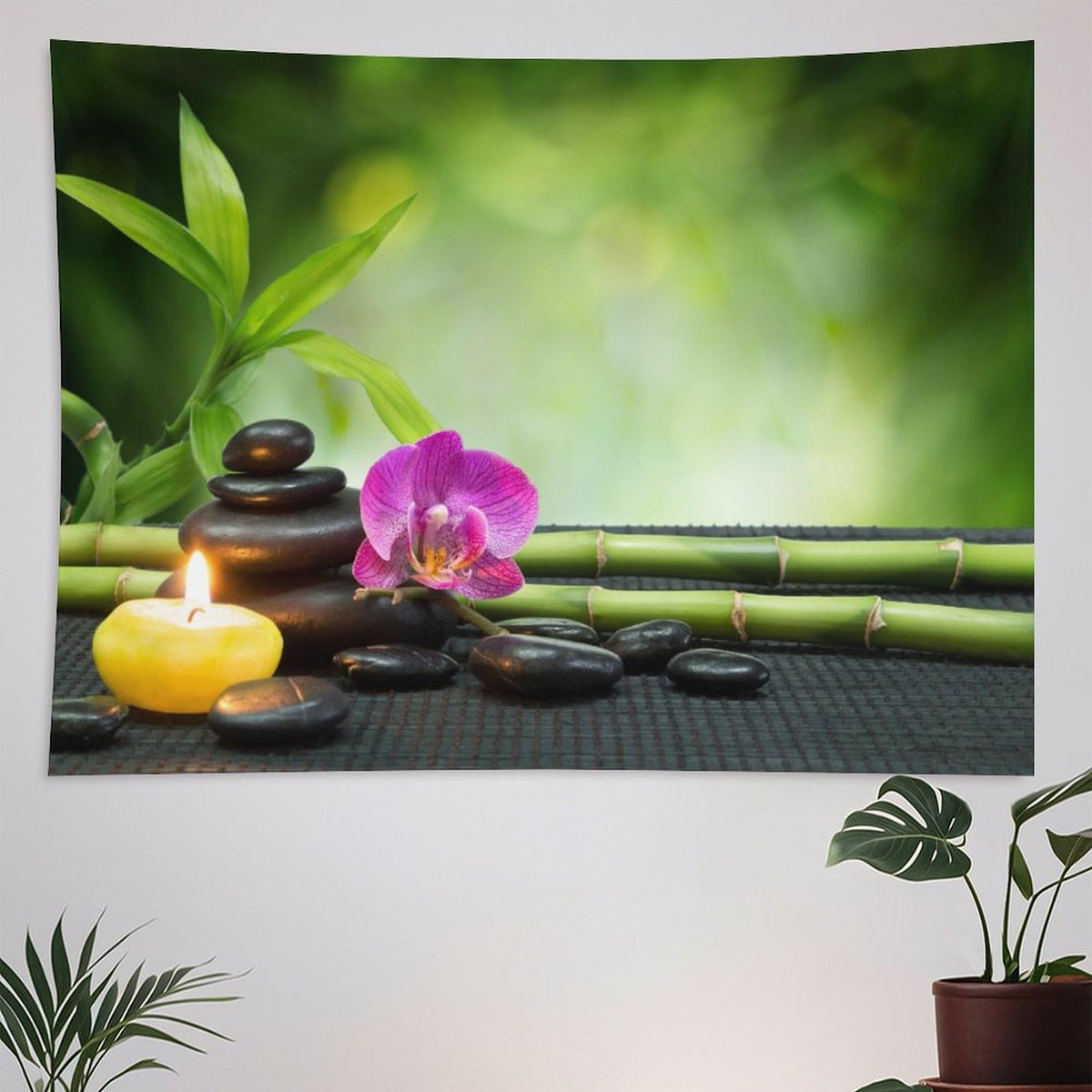 Bamboo Zen Spa Tapestry Wall Hanging Scented Candle Green Spiritual Meditation Tapestries Home Decor for Living Room Bedroom Farmhouse Apartment Dorm 60"x60" (60"L x 60"W / Zen-16)