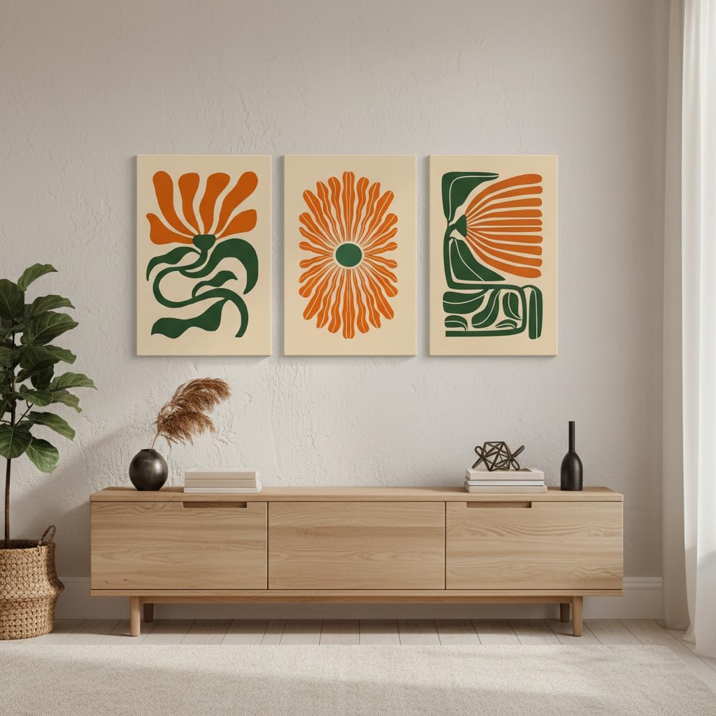 3 Pcs Mid Century Floral Canvas Wall Art (Beige flowers / 16"L x 12"W)