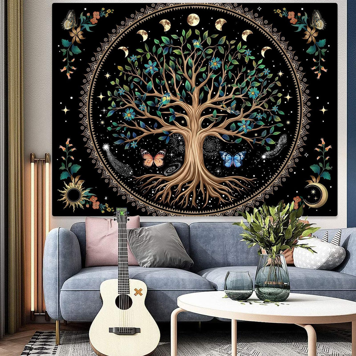 Tree of Life Tapastry Sun and Moon Tapastry Flower Boho Tree Mandala Wall Hanging for Bedroom and Living Room Decor Green Tree 70×90 Inches (90"L x 70"W / Light Green)