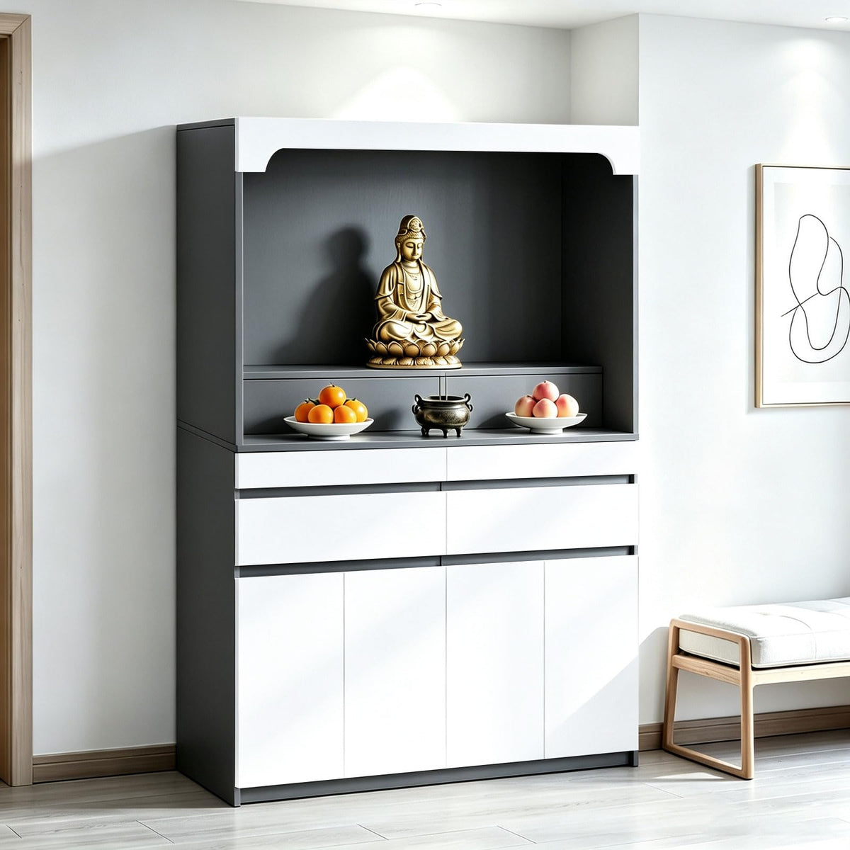Altar Table Pooja Cabinet with Drawers and Storage Cabinets (43.3×15.7×65.4in / White+dark Gray)