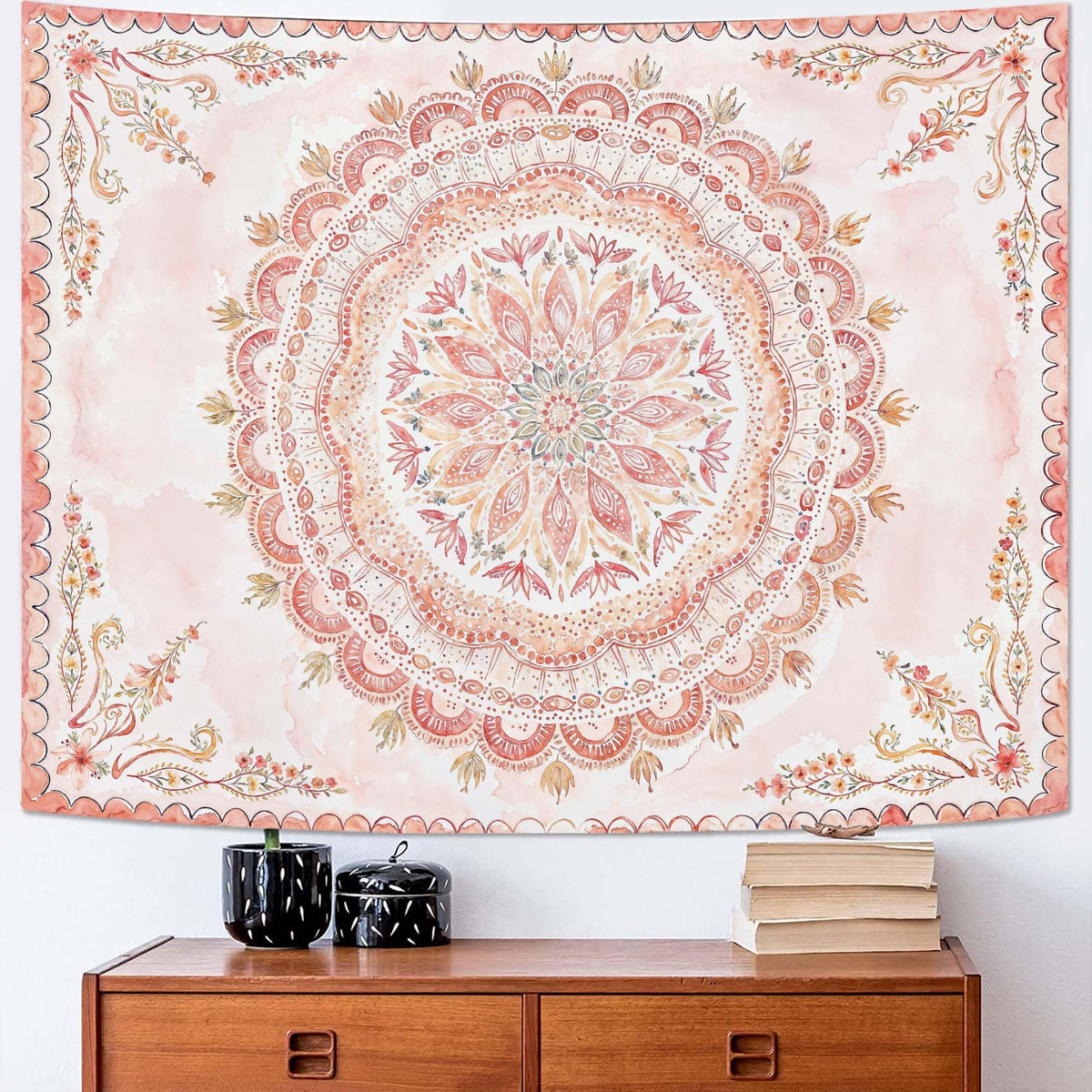 Boho Floral Mandala Tapestry Wall Hanging Pink Bohemian Flower Medallion Tapestry Aesthetic Watercolor Hippie Indian Small Tapestries for Bedroom Living Room Dorm Decor 48 x 36 Inch (Pink / 48"L x 36"W)