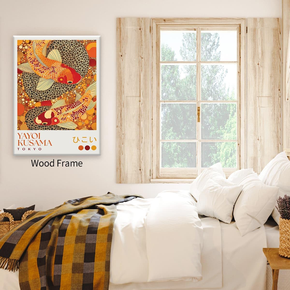 Yayoi. Kusama Framed Wall Art 12x16 inch Japanese Home Decor Vintage Koi Fish Posters Dot Picture Prints Colorful Fish Painting for Asian Bedroom Bathroom Living Room Hallway (Wrapped Canvas / Japanese Art 010 / 16"L x 12"W)