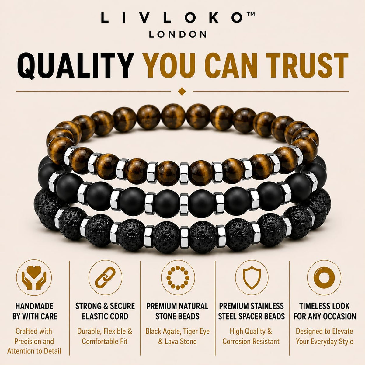 Men’s Beaded Stone Bracelet Set (K. Tiger-Eye Lavastone Agate Stacked / 8.75 IN)