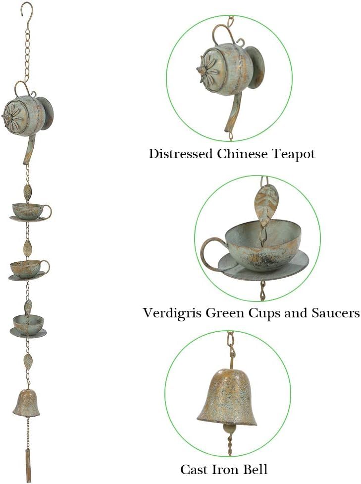40" H Teapot & Cups Rain Chime with Bell Hanging (3.3 Ft Rain Chime)