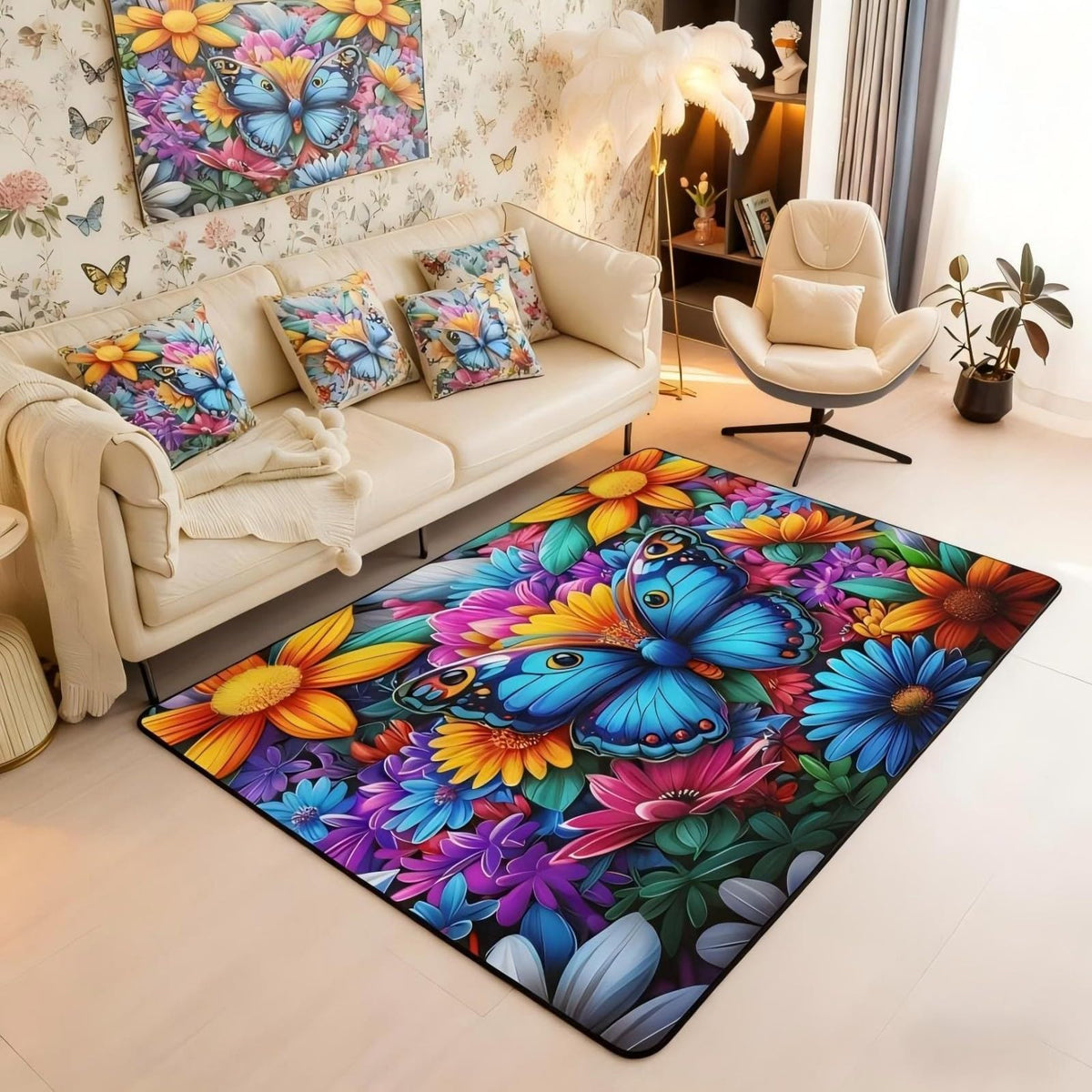 Colorful Butterfly 5x7 Area Rug Rainbow Flowers Living Room Rug (Blue Teal Orange / 4'11" x 6'6" (Rectangular))