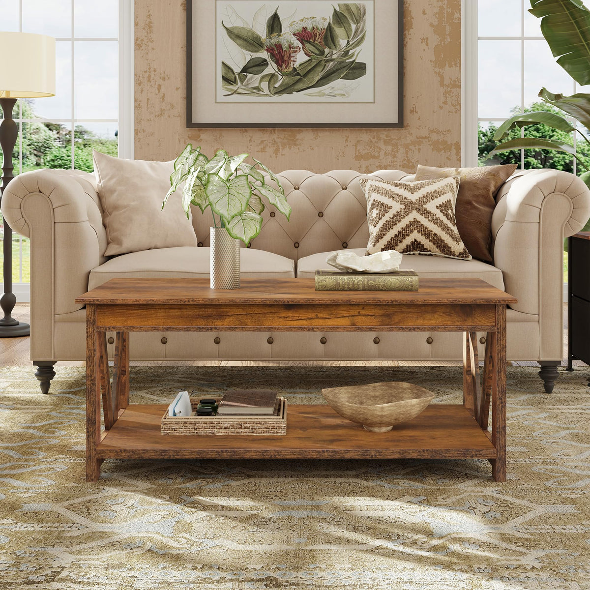 Coffee Table 43.3 Inch Farmhouse Table with Storage (Rustic Brown)