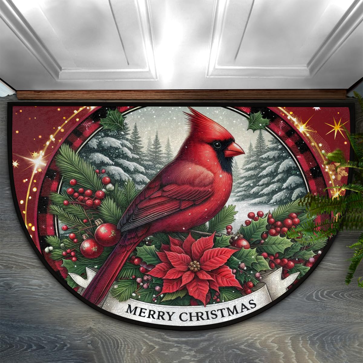 Christmas round red leader Half Round Door Mat Non Slip Washable Semi Circle Area Rug Absorbent Soft Half Moon Rug Floor Mat for Indoor Outdoor Kitchen Bathroom Patio Front Door Mat Decor (C5)