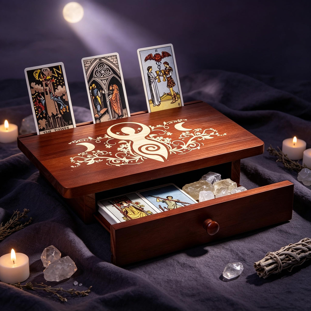 Altar Table with Drawer and Tarot Card Holder (Spiral Goddess)