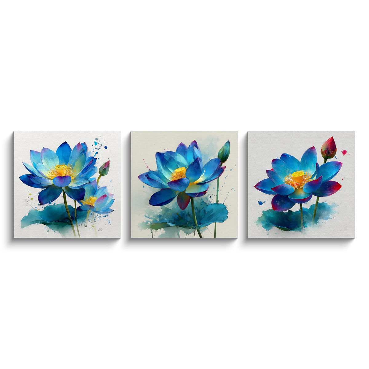 3Pcs Blue Lotus Watercolor Canvas Wall Art Print Blooming Flower Yellow Center Teal Purple Petals Botanical Floral Pictures for Bedroom Bathroom Living Room Decor Zen Artwork Ready to Hang (Blue Lotus / 14x14inchx3)