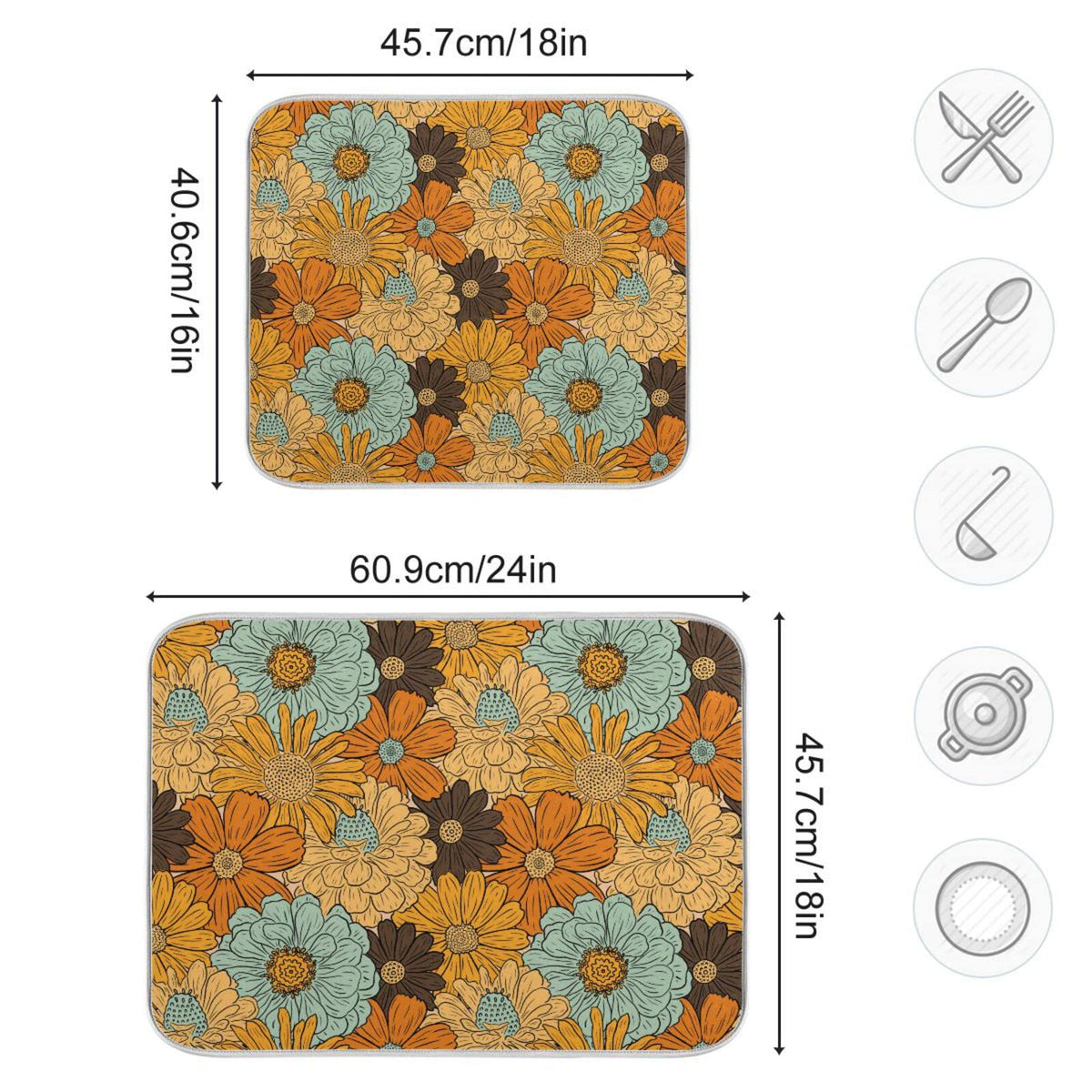 Super Absorbent Dish Drying Mat (Retro Flower Daisy / 16" x 18")
